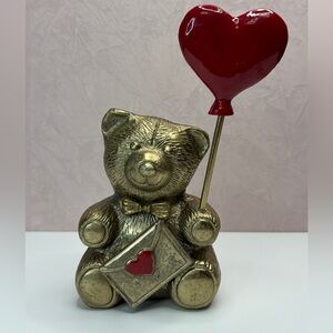 Gold Bear with Red Heart Balloon Figurine